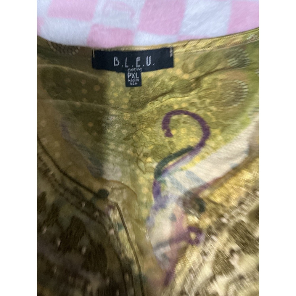 B.L.E.U. Women's Top Size XLP Green Yellow Purple Embroidered Artsy Boho Y2K - Picture 9 of 9